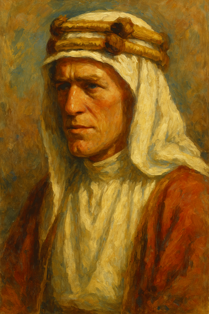 Oil portrait of T.E. Lawrence in keffiyeh, three-quarter profile—symbolizing idealism, identity split, and mythmaking.