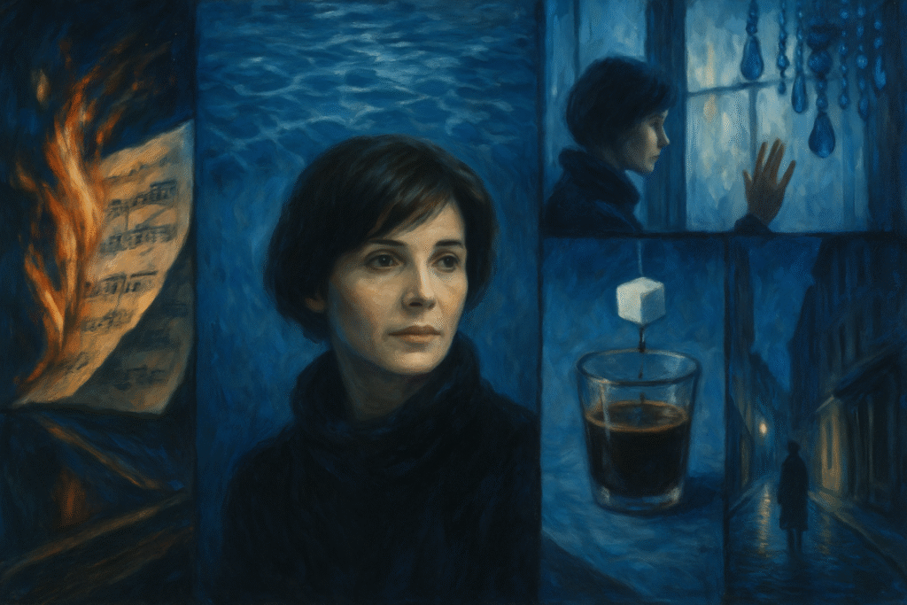 Oil-painted blue tableau echoing Julie’s grief, detachment, and quiet rebirth in Kieślowski’s Three Colors: Blue.