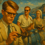 Tom Ripley in 1950s suit on a Venetian pier, stealing a glance at Dickie and Marge on a gondola—envy, mimicry, and assumed identity
