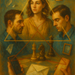 Oil painting of a love triangle: three figures in tense dialogue, red thread, chess pieces, phones, envelope, hourglass, mirror shards, dove.