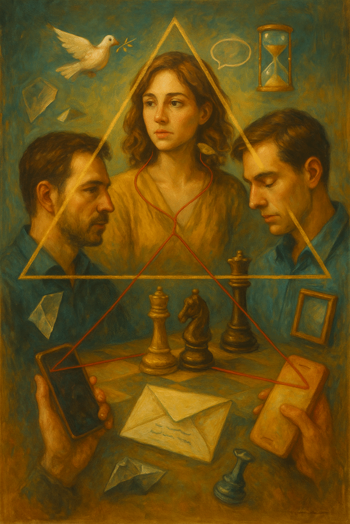 Oil painting of a love triangle: three figures in tense dialogue, red thread, chess pieces, phones, envelope, hourglass, mirror shards, dove.