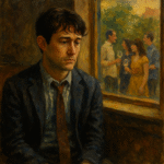 Oil painting of a pensive young man in a suit sitting indoors while a small group talks outside the window, symbolising the romantic projection and loneliness in 500 Days of Summer