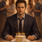 A man sits alone at a birthday party, staring blankly at a cake while others laugh behind him, symbolizing anhedonia and emotional numbness in fictional characters.