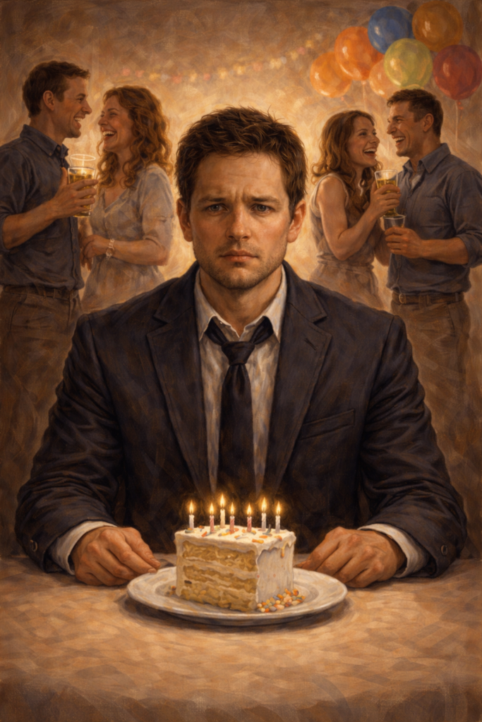 A man sits alone at a birthday party, staring blankly at a cake while others laugh behind him, symbolizing anhedonia and emotional numbness in fictional characters.