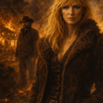 Classic oil painting of Beth Dutton standing in front of a burning ranch house with Rip Wheeler in the background, symbolising rage, loyalty and survival