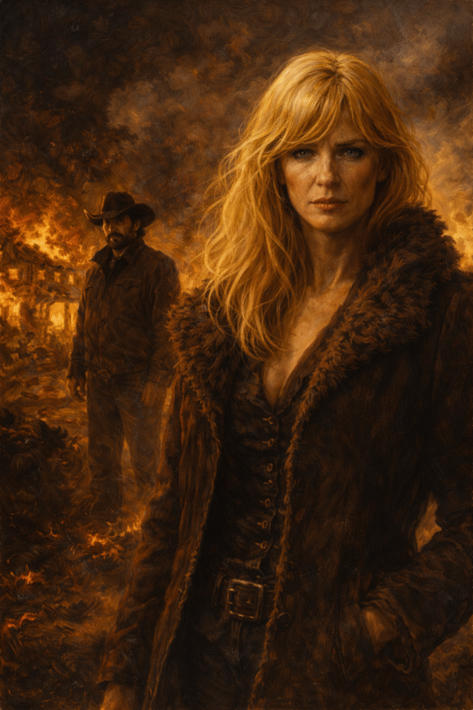 Classic oil painting of Beth Dutton standing in front of a burning ranch house with Rip Wheeler in the background, symbolising rage, loyalty and survival