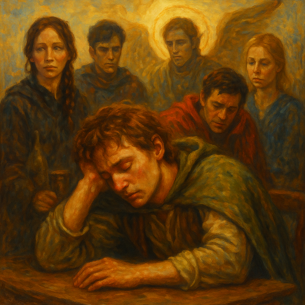 Warm, bright oil painting of exhausted fictional helpers—an archer, a teenage hero in a hoodie, a caped figure, a weary doctor, and a guardian-like angel—gathered around a slumped young man, symbolizing compassion fatigue and secondary traumatic stress.