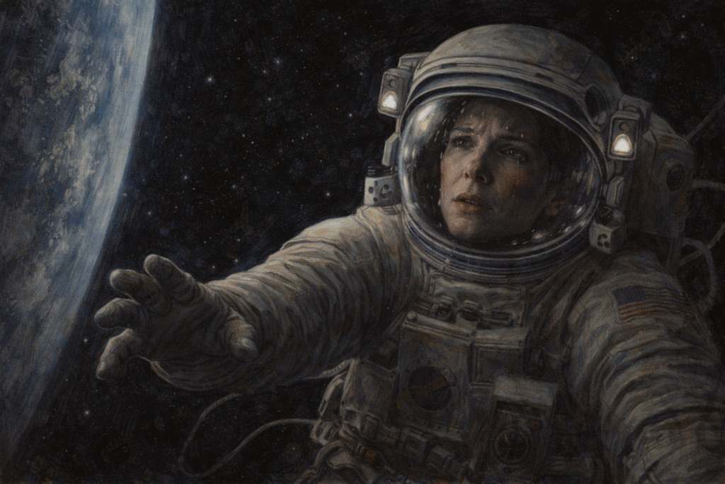Realistic oil painting of a female astronaut drifting in space, reaching toward Earth with a worried expression, symbolising the fear of returning to Earth in Gravity