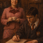 Classic oil painting of Dolores Umbridge calmly watching Harry Potter write lines with a blood quill, illustrating just world belief and victim blaming