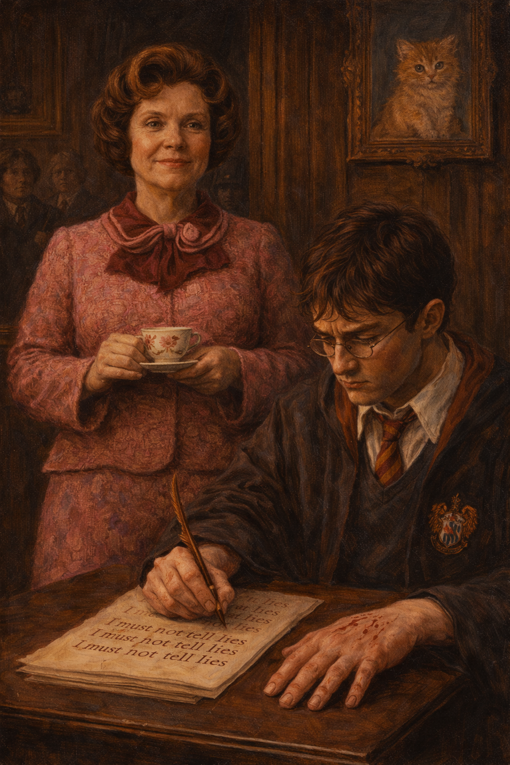 Classic oil painting of Dolores Umbridge calmly watching Harry Potter write lines with a blood quill, illustrating just world belief and victim blaming