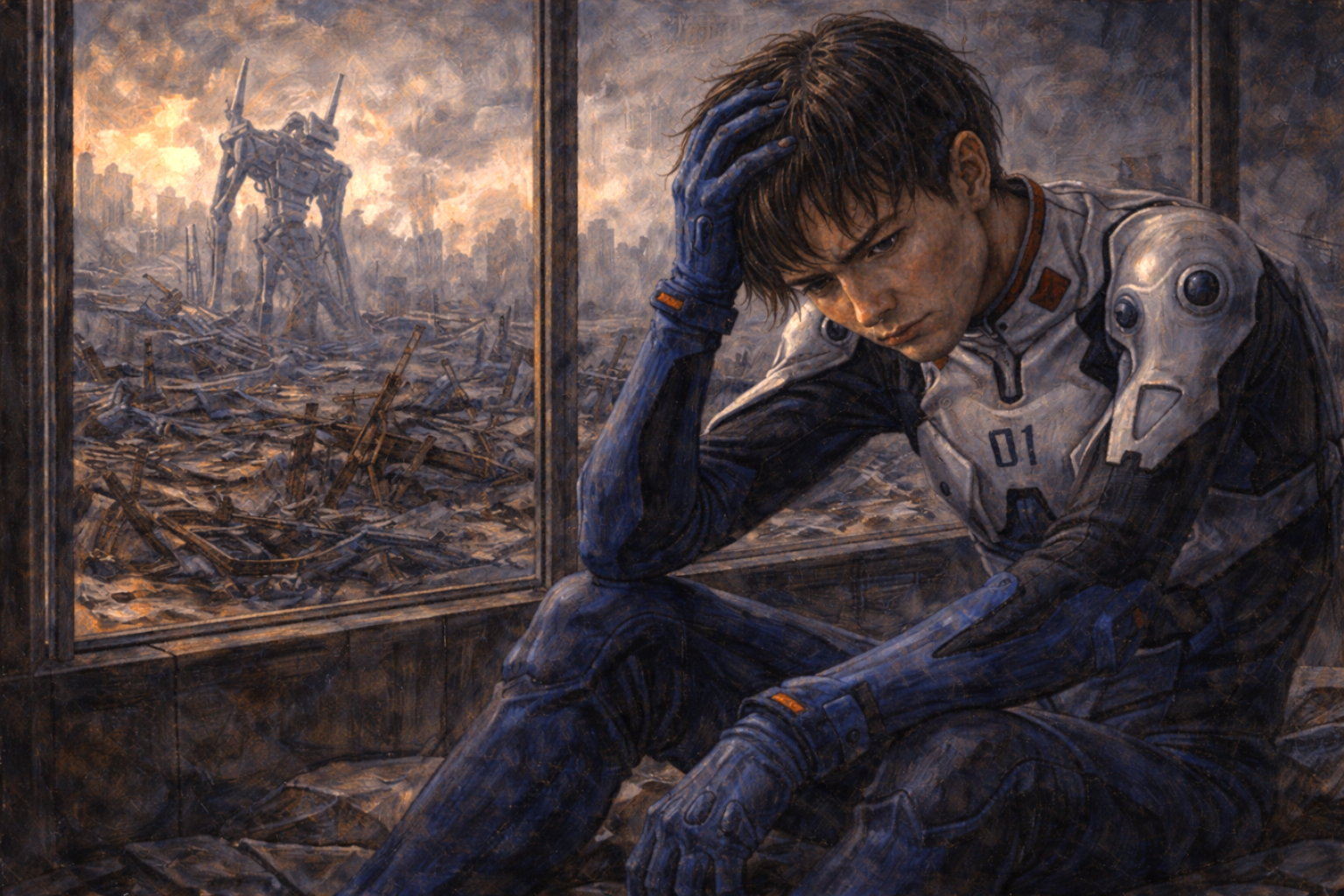 Classic oil painting of Shinji Ikari in his 01 plug suit sitting in a ruined control room, holding his head as Evangelion Unit-01 looms over a devastated city outside the window