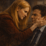 Classic oil painting of Wendy Byrde gripping Marty Byrde’s face in a tense close conversation, symbolising power and manipulation in Ozark
