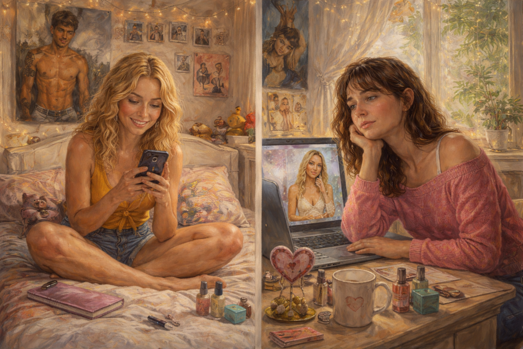 Classic oil painting of two young women absorbed in their phones and laptop in a bright bedroom, symbolising parasocial attachment and one-sided emotional bonds with media figures