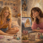 Classic oil painting of two young women absorbed in their phones and laptop in a bright bedroom, symbolising parasocial attachment and one-sided emotional bonds with media figures