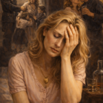 A sorrowful woman resembling Sophie from Sophie’s Choice, inspired by Meryl Streep, sits in anguish as fragmented memories of loss and coercion surround her, symbolizing trauma and moral injury.