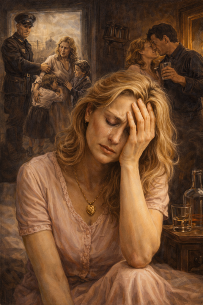 A sorrowful woman resembling Sophie from Sophie’s Choice, inspired by Meryl Streep, sits in anguish as fragmented memories of loss and coercion surround her, symbolizing trauma and moral injury.