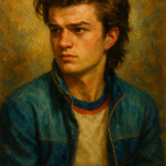Oil painting portrait of Steve Harrington from Stranger Things, capturing his reinvention from swaggering teen to soft-power caretaker; teal jacket, ’80s hair, protective gaze off-frame.