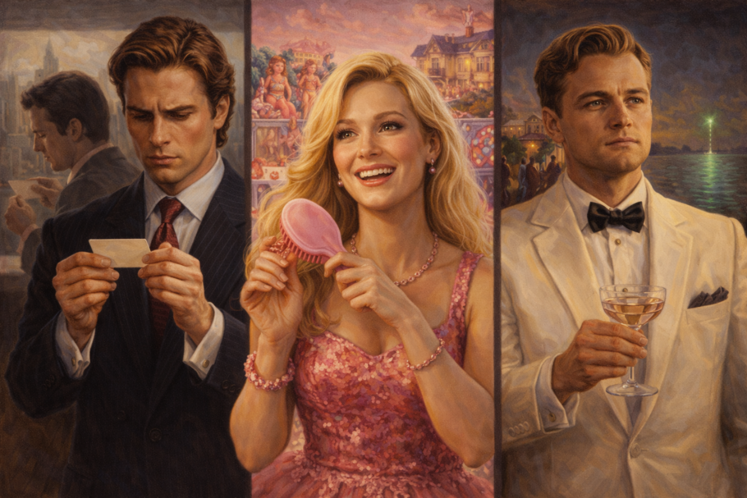 Classical oil painting triptych of Patrick Bateman, Barbie, and Jay Gatsby performing idealized personas, symbolizing the false self and identity performance under social gaze.
