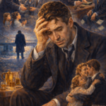 Classical oil painting of George Bailey from It’s a Wonderful Life showing emotional exhaustion and caregiver burden while supporting his community.