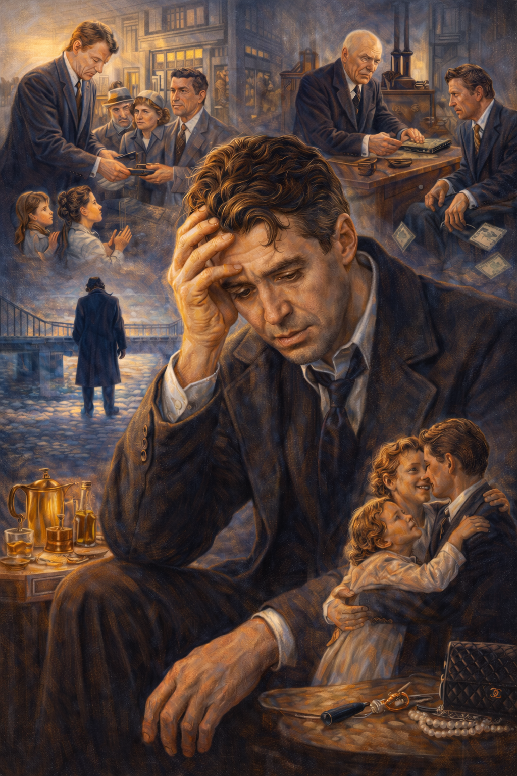 Classical oil painting of George Bailey from It’s a Wonderful Life showing emotional exhaustion and caregiver burden while supporting his community.