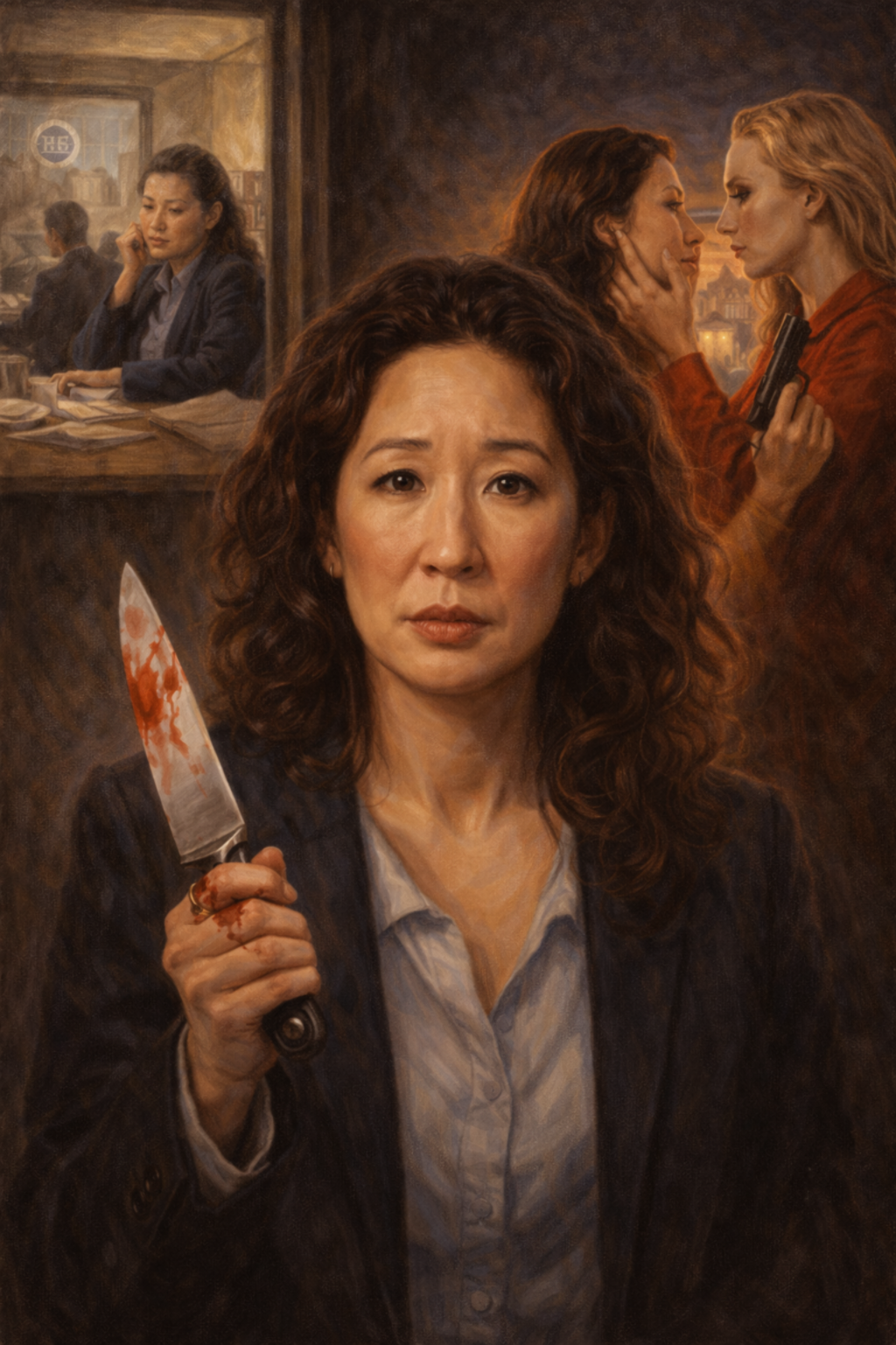 Realistic classical oil painting of Eve Polastri from Killing Eve holding a bloodied knife, symbolizing her transformation from civilian investigator to dangerous operative