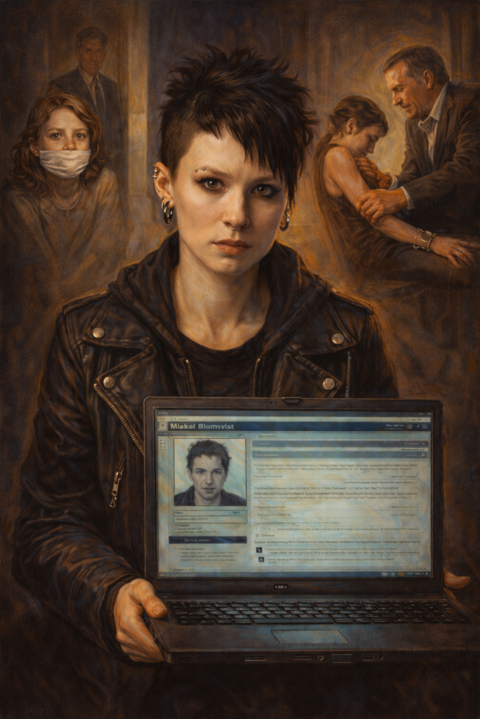 Classical oil painting of Lisbeth Salander from the 2011 film The Girl with the Dragon Tattoo, holding a laptop with surveillance on Mikael Blomkvist, with vivid colors and scenes of her trauma in the background