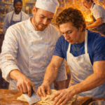 Luca guiding Carmy through pastry lamination in a Copenhagen kitchen from The Bear, showing calm mentorship and mastery.