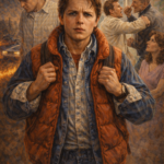 Bright classic oil painting of Marty McFly standing between past and future versions of his family in Hill Valley, symbolising teenage identity conflict and self-authorship in Back to the Future