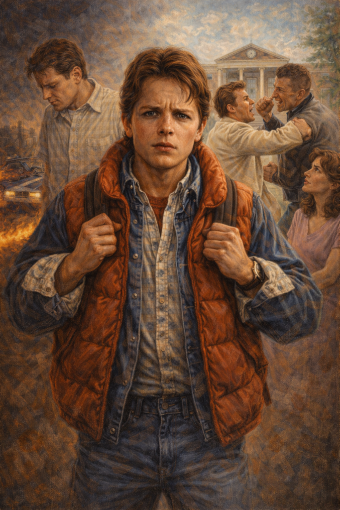 Bright classic oil painting of Marty McFly standing between past and future versions of his family in Hill Valley, symbolising teenage identity conflict and self-authorship in Back to the Future