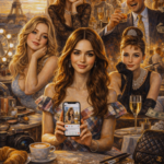 Classic oil-painting style illustration of Emily Cooper, Cassie Howard, Blair Waldorf, Holly Golightly, and Jordan Belfort portrayed as curated personas in a branding-obsessed culture.