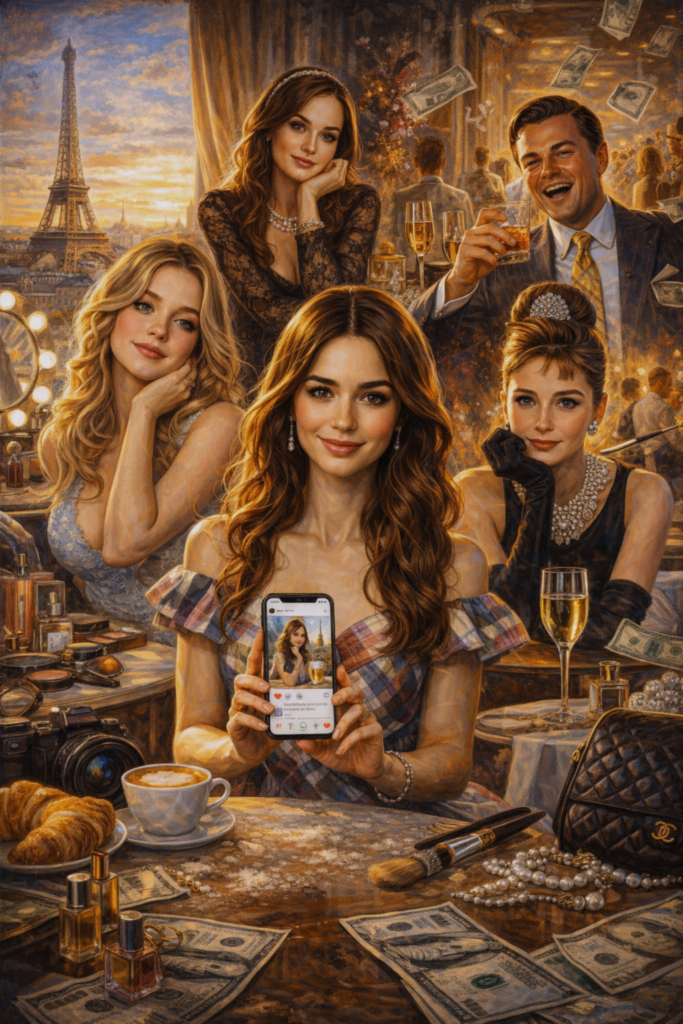 Classic oil-painting style illustration of Emily Cooper, Cassie Howard, Blair Waldorf, Holly Golightly, and Jordan Belfort portrayed as curated personas in a branding-obsessed culture.