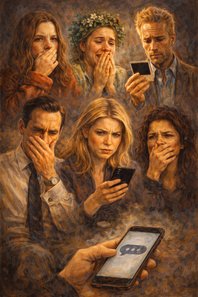 Classical oil painting depicting film and television characters in emotional distress, symbolizing catastrophizing in relationships and worst-case thinking spirals.