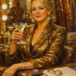 Classical oil painting portrait of Deborah Vance from Hacks, seated at a vanity in a gold sequined blazer holding a martini, evoking themes of aging, authorship, and female power in comedy.