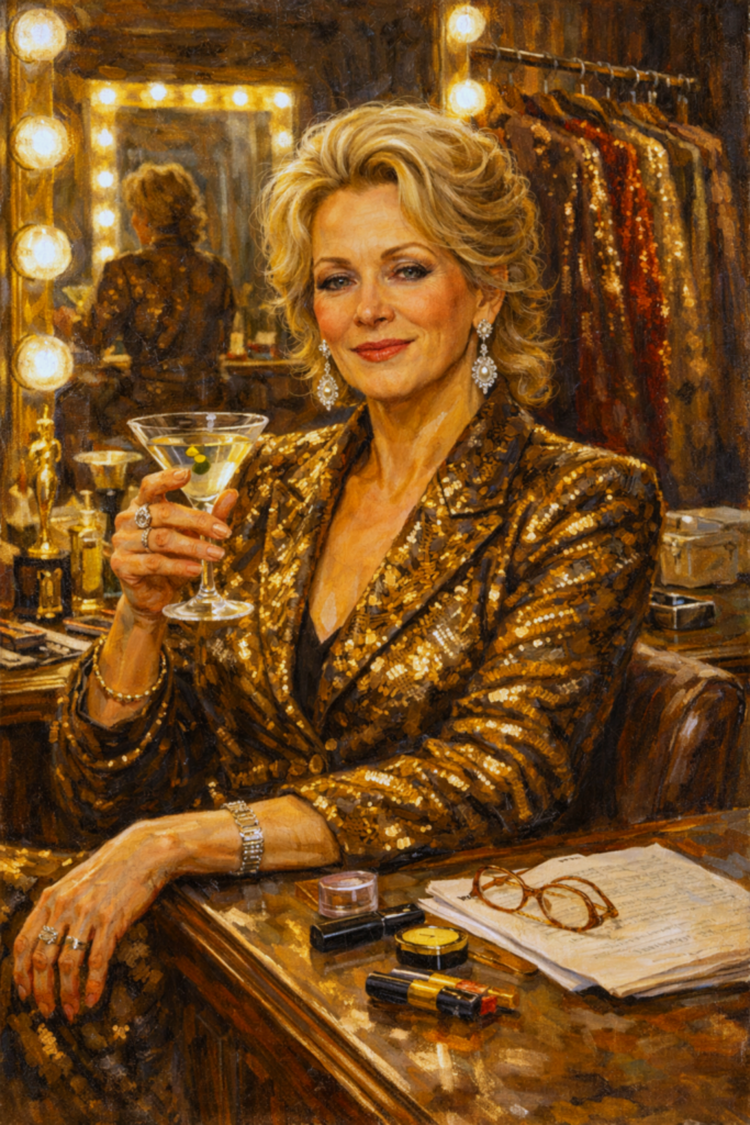 Classical oil painting portrait of Deborah Vance from Hacks, seated at a vanity in a gold sequined blazer holding a martini, evoking themes of aging, authorship, and female power in comedy.