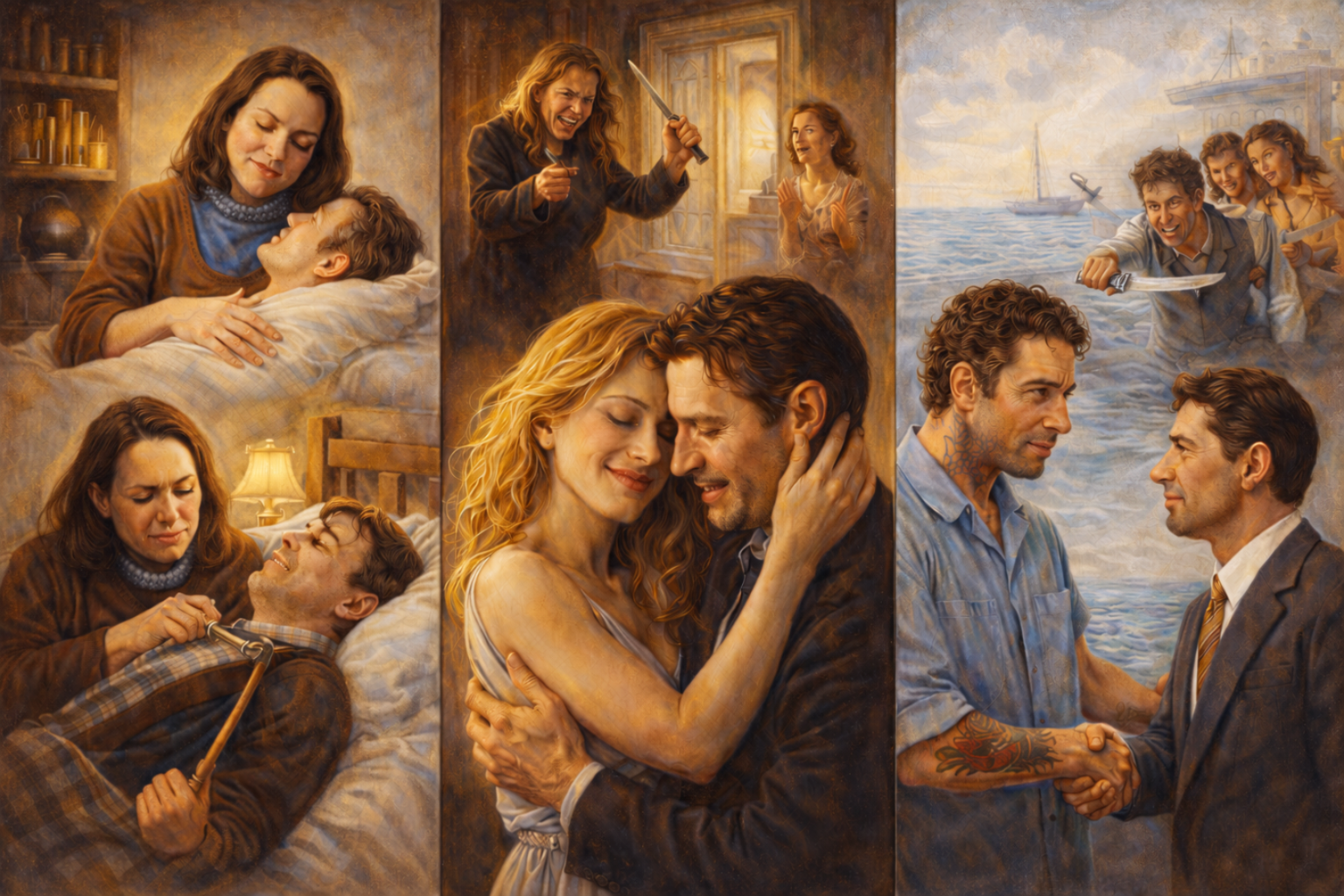 Classical oil painting triptych showing love turning into obsession and hatred through Annie Wilkes, Alex Forrest, and Max Cady.