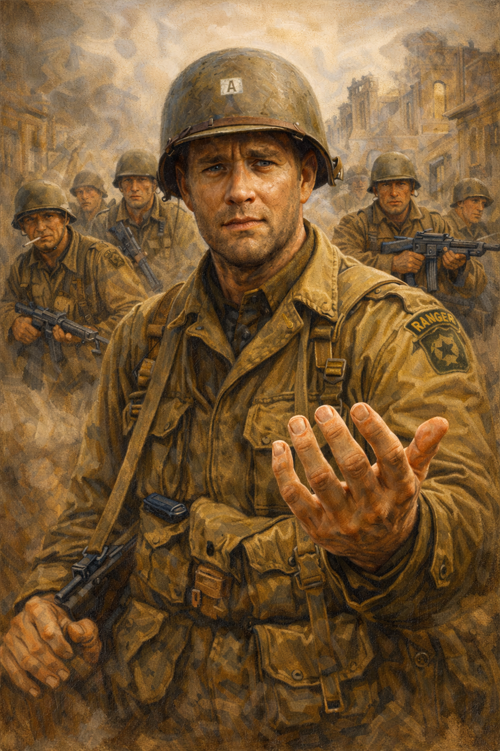 Classical oil painting of Captain Miller in Saving Private Ryan showing restrained wartime leadership.