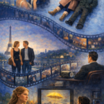 Oil painting collage of nostalgic film-inspired scenes showing couples and individuals revisiting emotional memories, symbolizing addictive nostalgia and longing for the past.