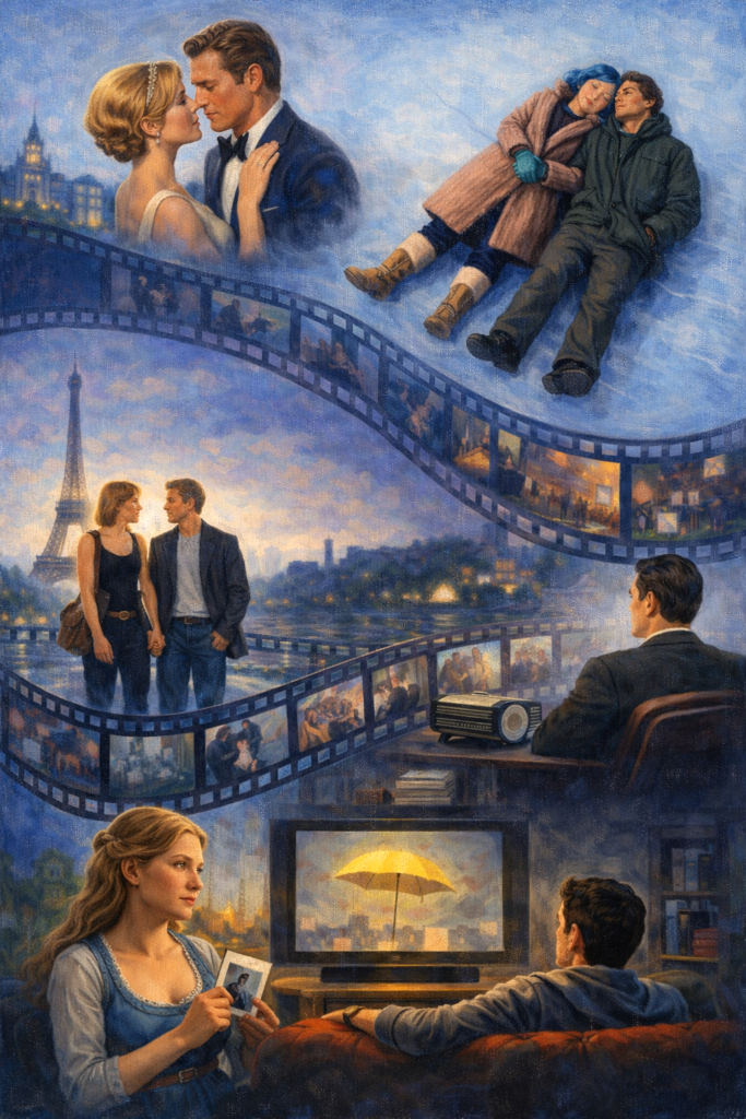 Oil painting collage of nostalgic film-inspired scenes showing couples and individuals revisiting emotional memories, symbolizing addictive nostalgia and longing for the past.