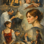 Classical oil painting depicting Alma Elson and Reynolds Woodcock in intimate and tense moments, symbolizing quiet power, emotional control, and complex relationship dynamics in Phantom Thread.