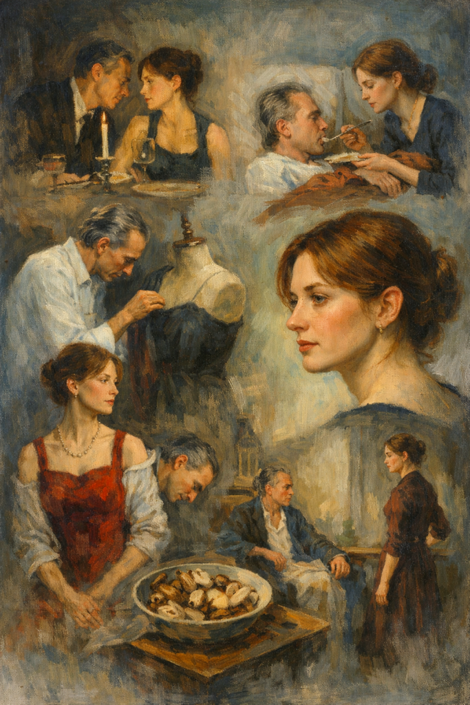 Classical oil painting depicting Alma Elson and Reynolds Woodcock in intimate and tense moments, symbolizing quiet power, emotional control, and complex relationship dynamics in Phantom Thread.
