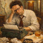 Classical oil painting of a struggling writer resembling Barton Fink staring at a blank page in a decaying hotel room, symbolizing creative paralysis and writer’s block.