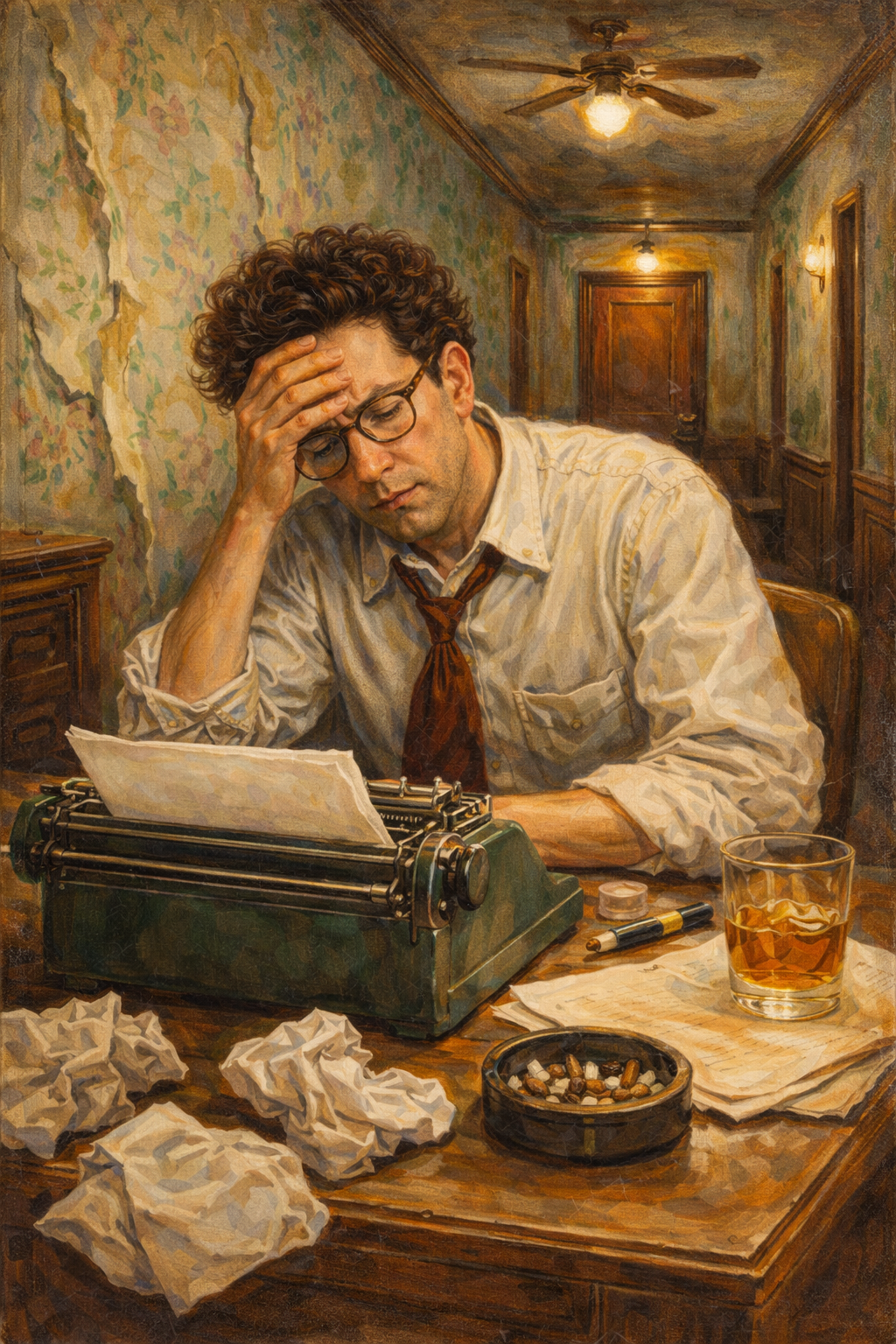 Classical oil painting of a struggling writer resembling Barton Fink staring at a blank page in a decaying hotel room, symbolizing creative paralysis and writer’s block.