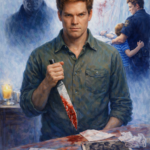 Oil painting illustration of Dexter Morgan holding a knife, representing the “good monster” concept and the psychological conflict between control, morality, and violence.