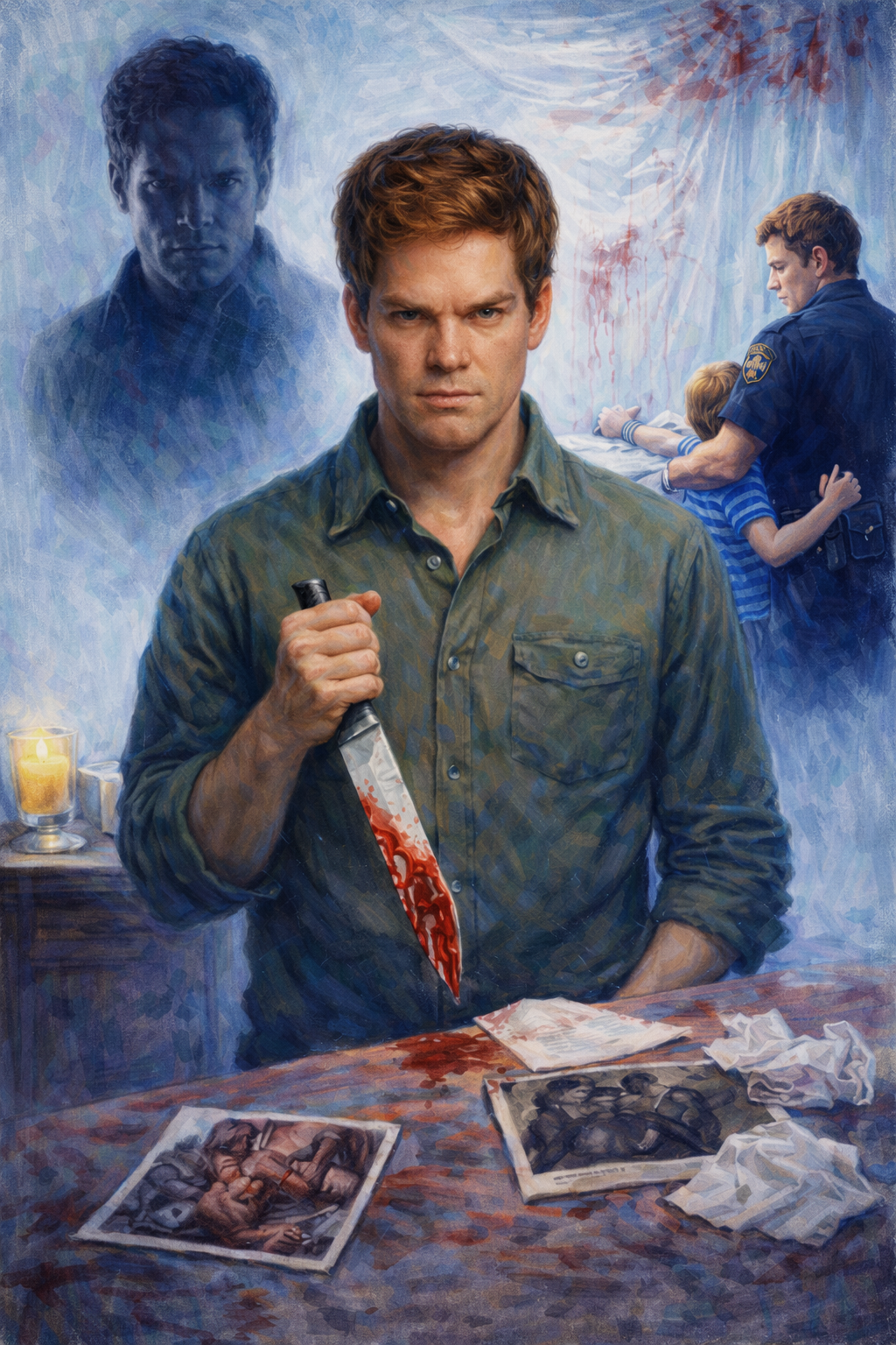 Oil painting illustration of Dexter Morgan holding a knife, representing the “good monster” concept and the psychological conflict between control, morality, and violence.