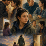 Oil painting of Alex from Maid showing emotional conflict between abusive chaos and conditional safety, walking toward independence with her child