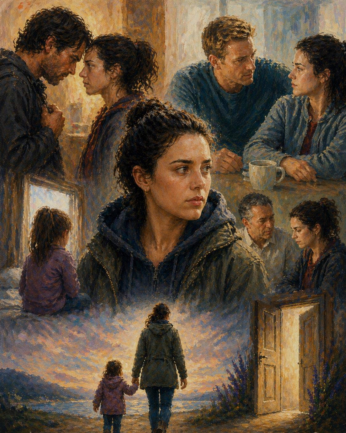 Oil painting of Alex from Maid showing emotional conflict between abusive chaos and conditional safety, walking toward independence with her child