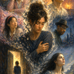 Oil painting of a woman dissolving into surrounding figures symbolizing emotional over-absorption and identity loss in relationships