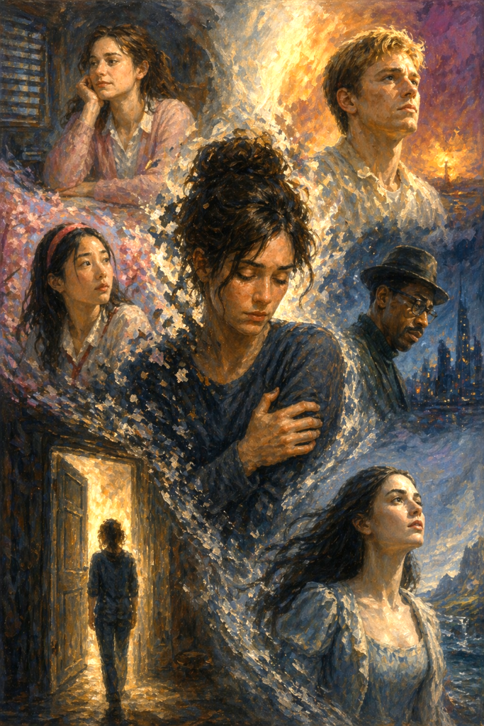 Oil painting of a woman dissolving into surrounding figures symbolizing emotional over-absorption and identity loss in relationships