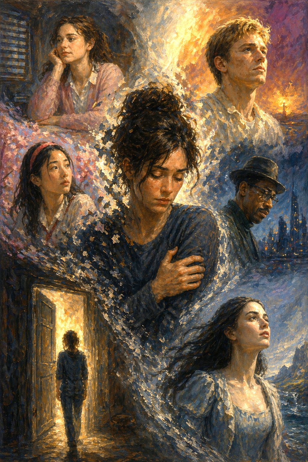 Oil painting of a woman dissolving into surrounding figures symbolizing emotional over-absorption and identity loss in relationships