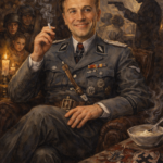 Hans Landa smiling calmly in a tense WWII setting, illustrating charming evil in an oil painting